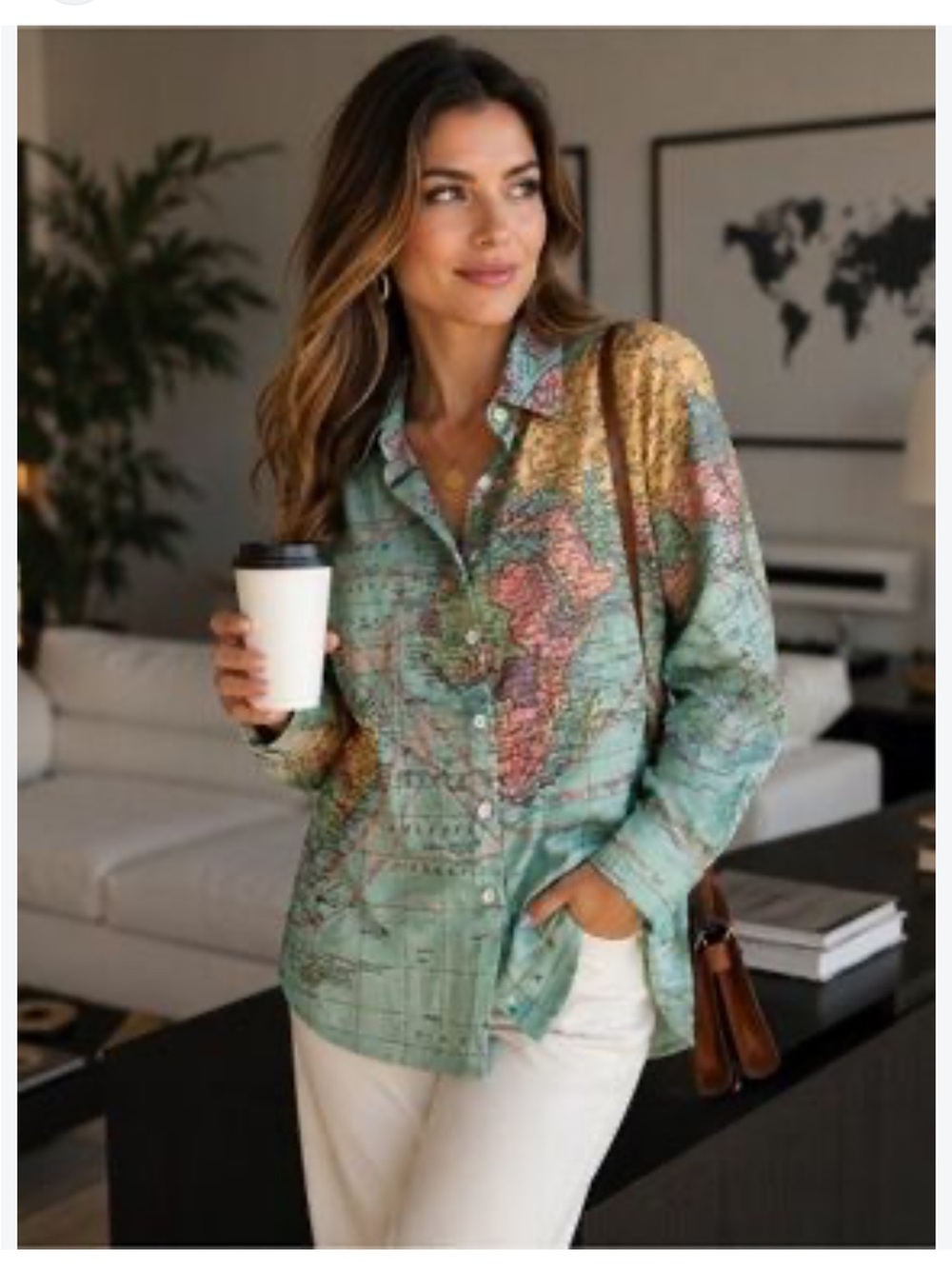 Map Print Button-Up Shirt